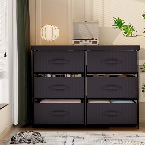 Dresser with 6 Fabric Drawer Stand Desktop Sturdy Metal Plastic Support Tube Cube Storage Cabinet for Bedroom Organization Dorm Front Hall Entryway
