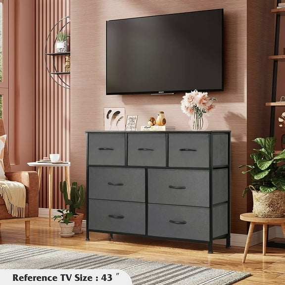 Dresser with 7 Drawers, Fabric Storage Tower, Organizer Unit for Bedroom, Hallway, Entryway, Closets, Wood Top, Easy Pull Handle, Gray