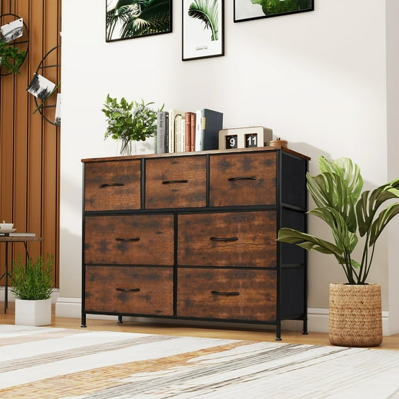 Dresser with 7 Drawers, Storage Organizer Units Drawers, TV Stand Fabric Storage Tower, Fabric Bins, Wood Top and Steel Frame, Rust