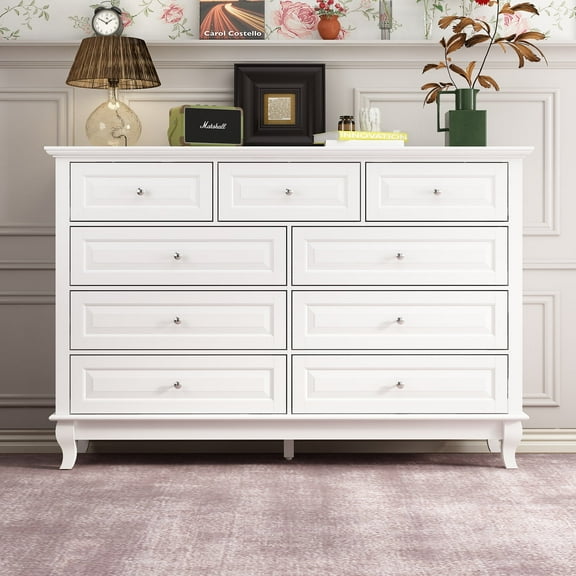 KULAGAGA Dresser with 9 Drawers,Modern White Storage Cabinet Chest of Drawer for Bedroom Living Room Hallway