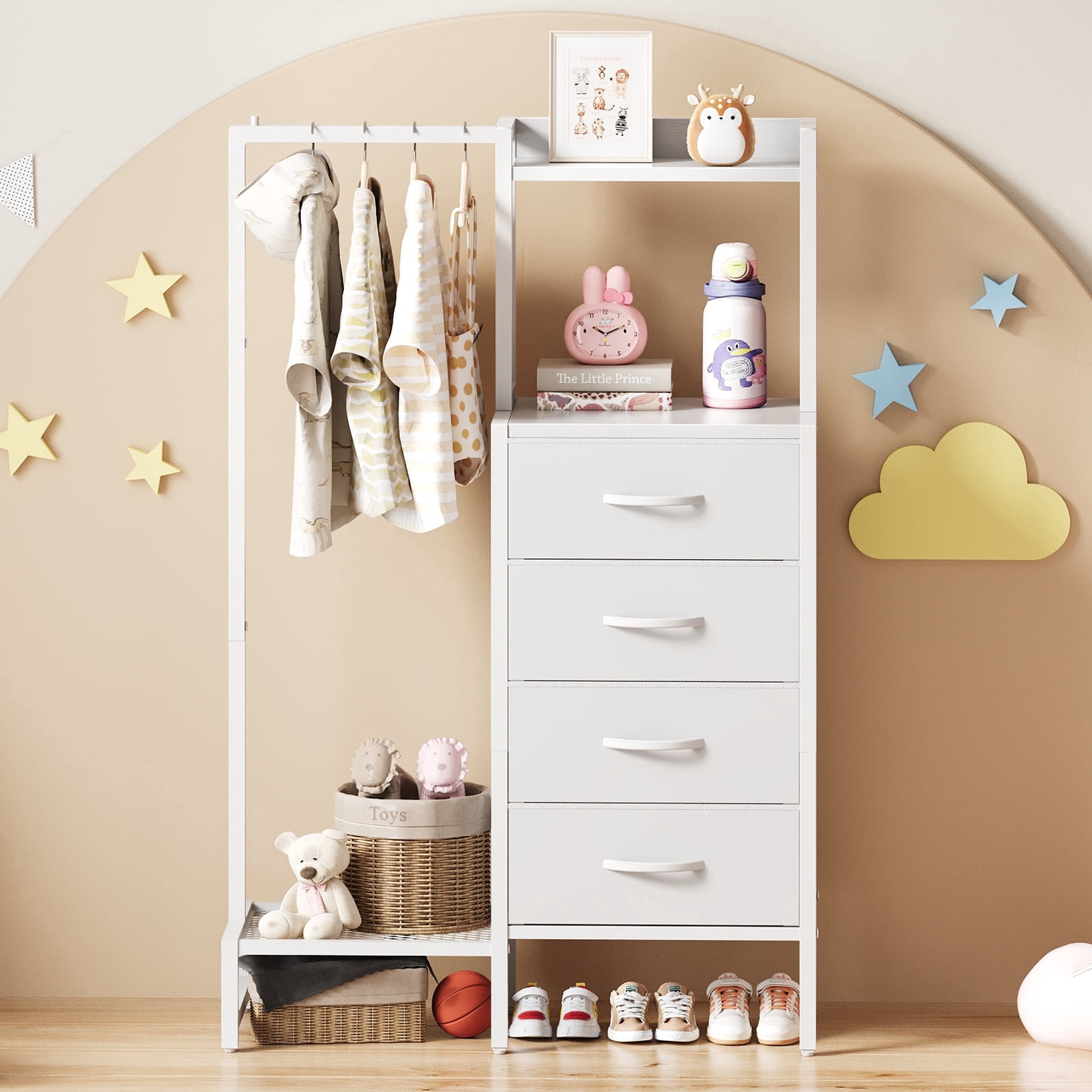 YUBO Co.ltd Small Dresser with Hanging Rack & Drawers, Bedroom Dresser with Clothes Rack, Chest of Drawer for Dorm, White