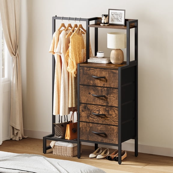 44"H Dresser with Hanging Rack & 4 Fabric Storage Drawers, Reversible Chest of Drawer with Clothes Rack, Small Closet for Bedroom, Entryway, Dorm, Brown