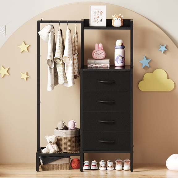 44"H Dresser with Hanging Rack & 4 Fabric Storage Drawers, Reversible Chest of Drawer with Clothes Rack, Small Closet for Bedroom, Entryway, Dorm, Black