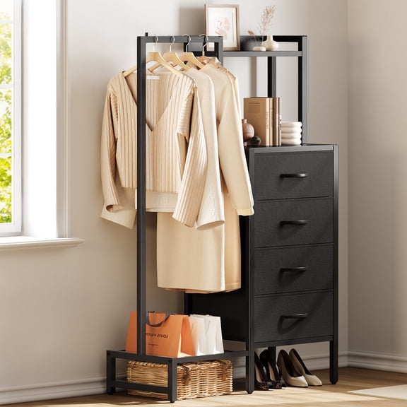 44"H Dresser with Hanging Rack & 4 Fabric Storage Drawers, Reversible Chest of Drawer with Clothes Rack, Small Closet for Bedroom, Entryway, Dorm, Black