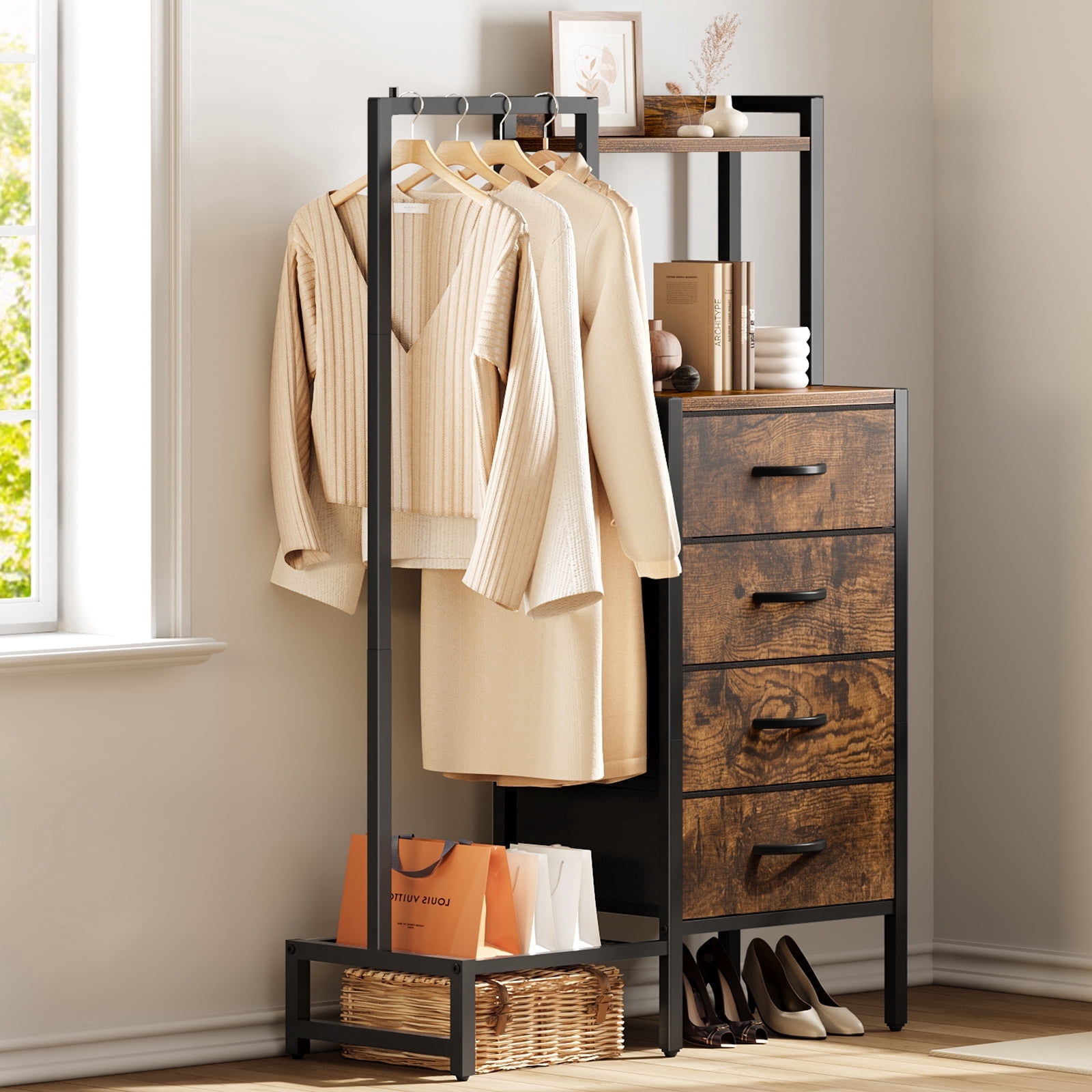 YUBO Co.ltd 44"H Dresser with Hanging Rack & 4 Fabric Storage Drawers, Reversible Chest of Drawer with Clothes Rack, Small Closet for Bedroom, Entryway, Dorm, Brown