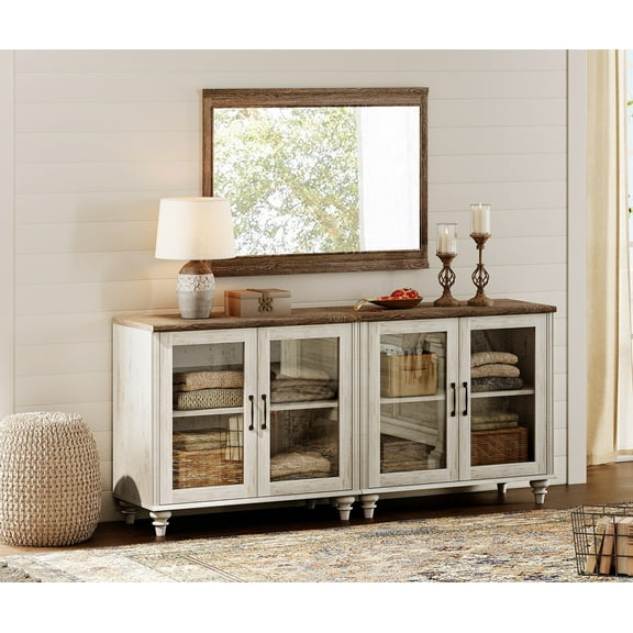 Farmhouse Dresser Cabinet with 4 Glass Doors, Large Makeup Station Wood Cosmetic Storage Cabinets, Modern Dressing Credenza for Bedroom, Rustic White