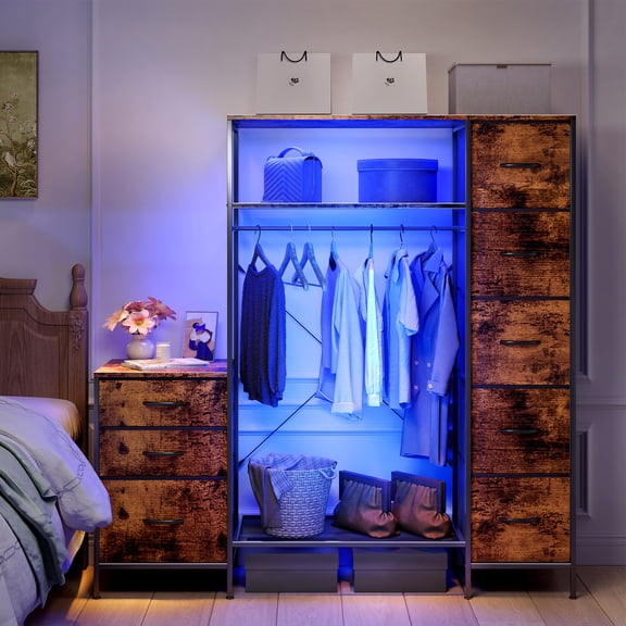 Dresser with LED Hanging Rack & 8 Drawers with LED Lights,with Shoe & Storage Shelf for Bedroom,living room,Brown