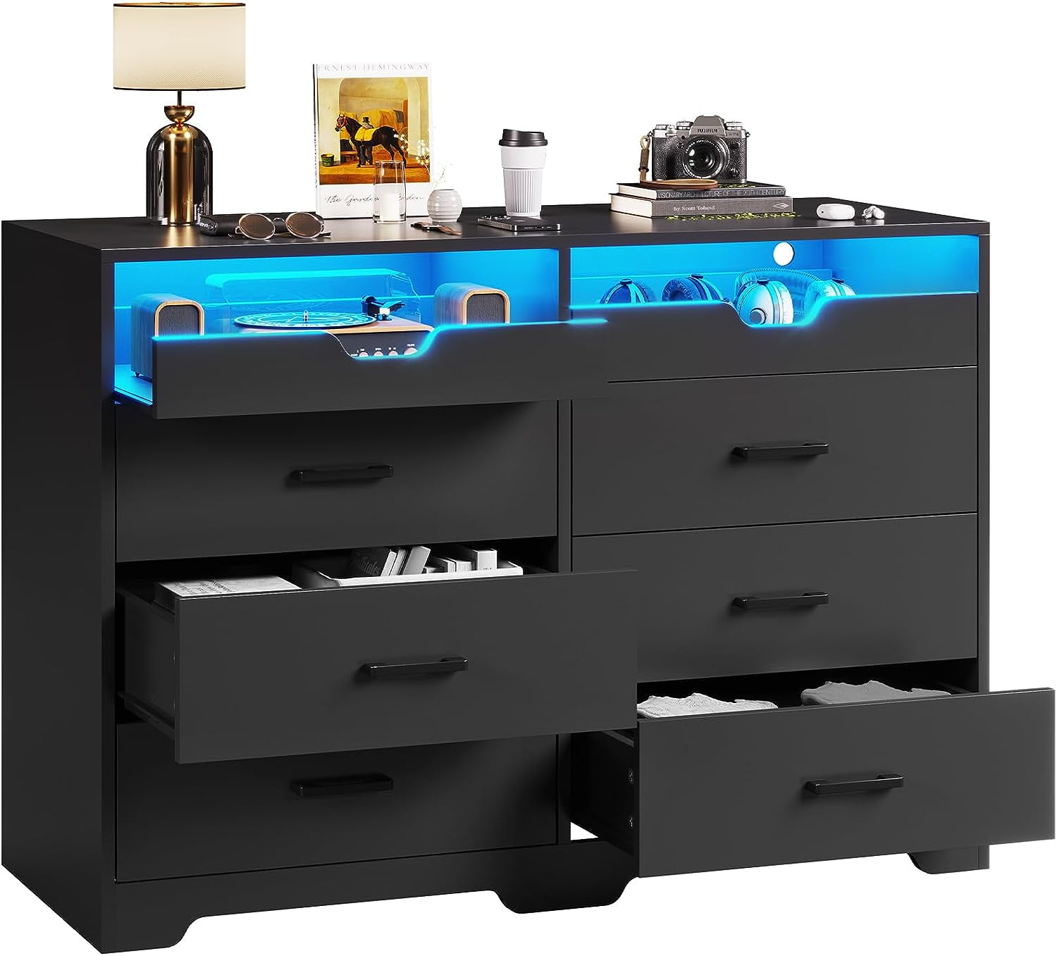 Dresser with LED Lights for Bedroom, Double Dresser with 6 Drawers and