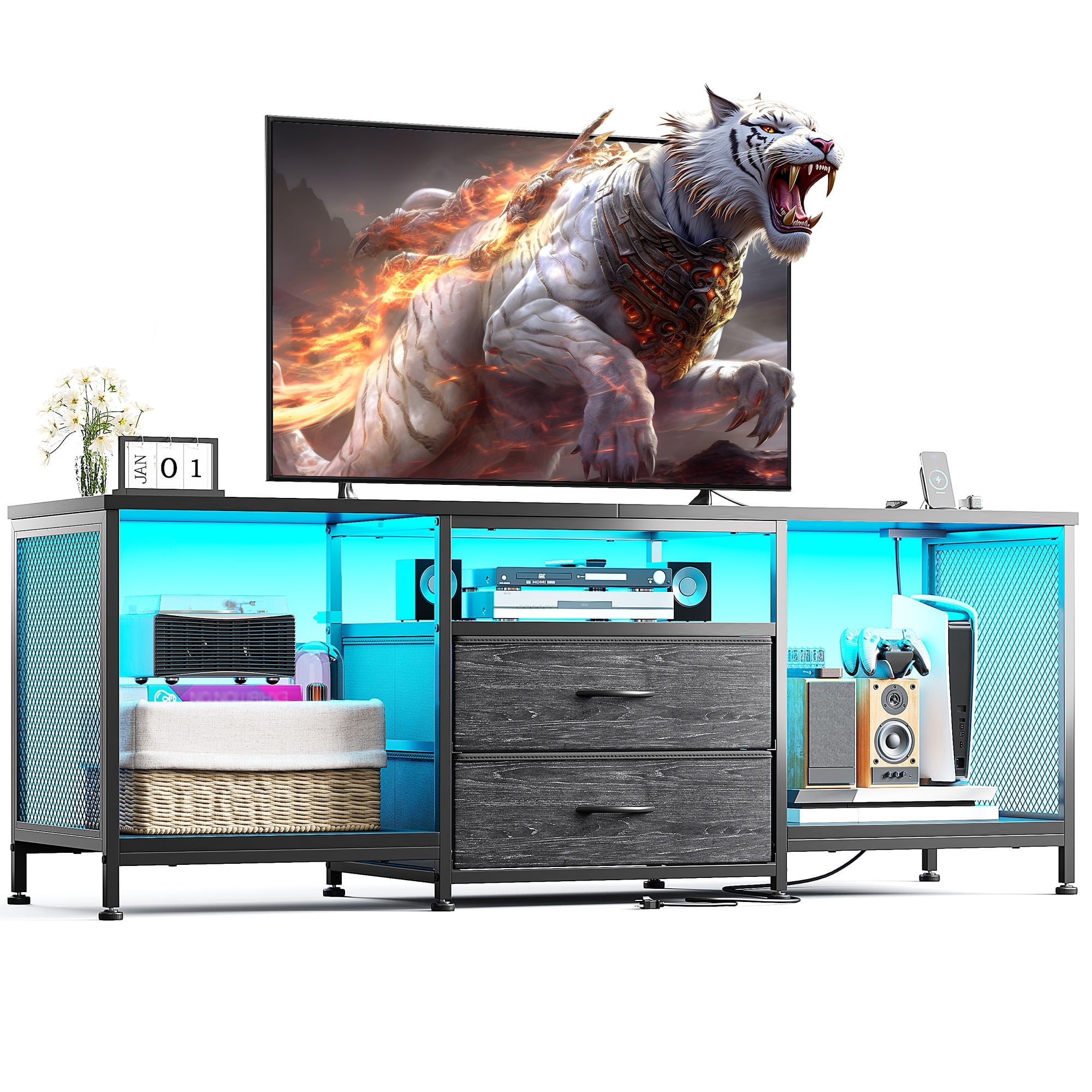 Dresser with Power Outlets & LED Lights Dresser for Bedroom with 2 Drawers TV Stand with Open Storage Shelves,Black