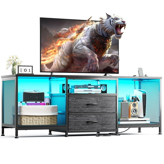 Dresser with Power Outlets & LED Lights Dresser for Bedroom with 2 Drawers TV Stand with Open Storage Shelves,Black