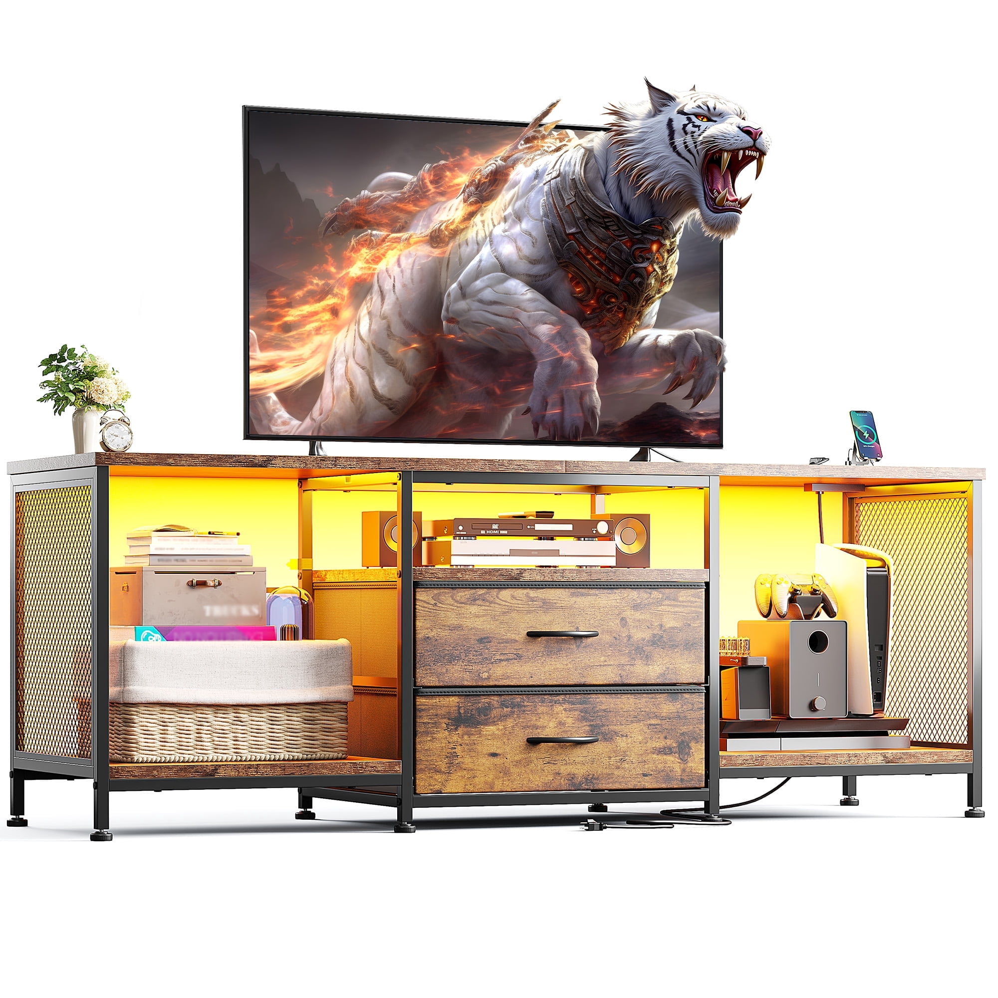 Dresser with Power Outlets & LED Lights Dresser for Bedroom with 2 Drawers TV Stand with Open Storage Shelves,Rustic Brown