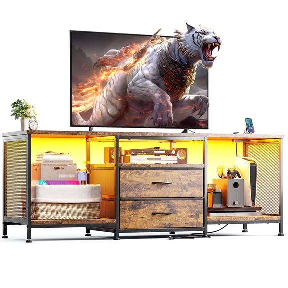 Dresser with Power Outlets & LED Lights Dresser for Bedroom with 2 Drawers TV Stand with Open Storage Shelves,Rustic Brown