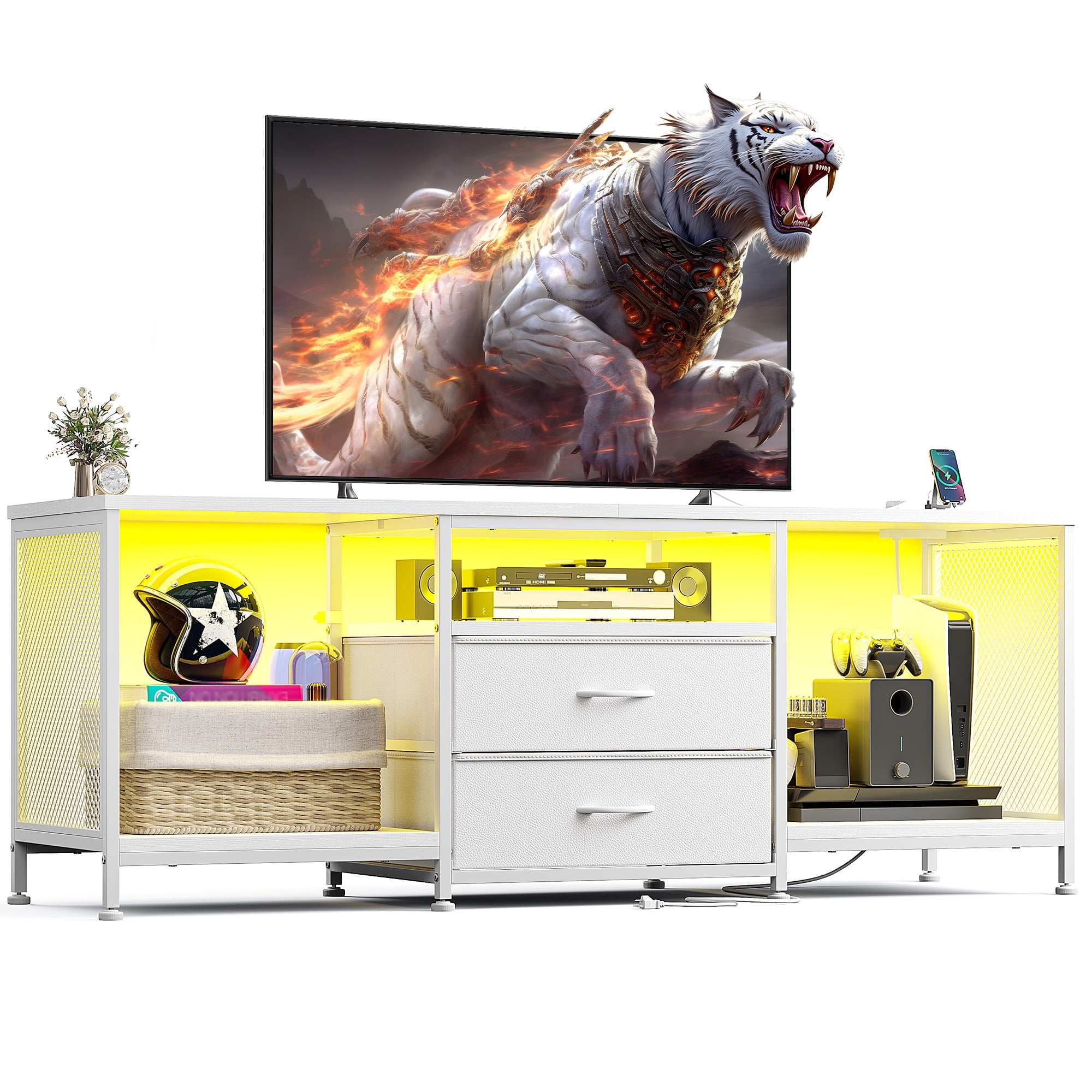 Dresser with Power Outlets & LED Lights Dresser for Bedroom with 2 Drawers TV Stand with Open Storage Shelves,White