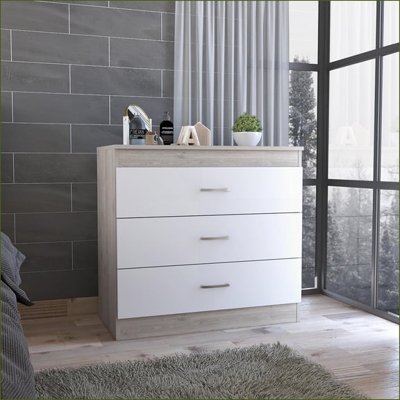 Dressers 3 Drawer with Metal Hardware, Light Gray/White Finish | Light Gray | Particle Board