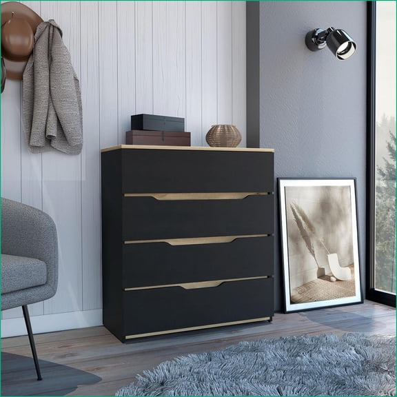 Dressers | 4-Drawer 35"H Compact Contemporary Rustic, Black/Light Oak | Multicolor | Particle Board