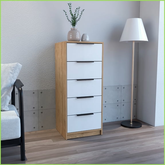 Dressers 5 Drawer Vertical 42"H, White/Light Oak Modern | Multicolor | Particle Board