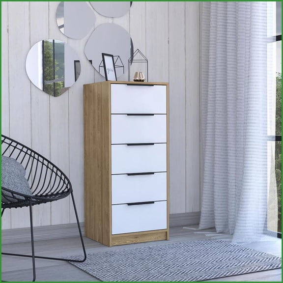 Dressers 5 Drawer with Metal Handles, White/Pine Finish | Particle Board | Multicolor
