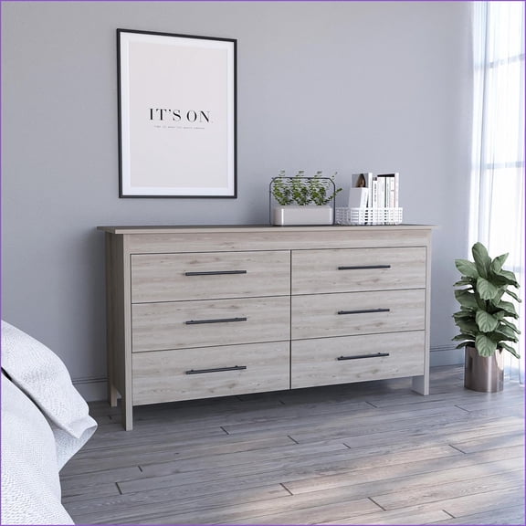 Dressers | 6 Drawer Double Dresser with Black Pulls, Metal Gliders - Light Gray | Gray, Particle Board