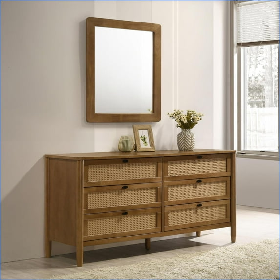 Dressers 6-Drawer with Mirror, Light Walnut, Natural Rattan | Solid Wood+MDF | Brown
