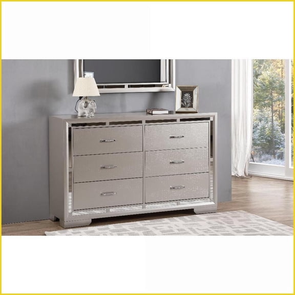 Dressers, Alana Classic Glam Dresser with Deep Drawers & Jeweled Hardware, Silver Champagne | Champagne | Particle Board