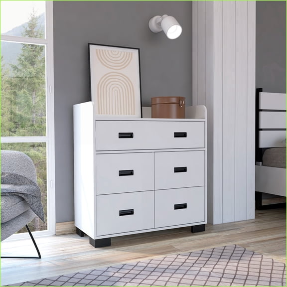 Dressers | Alyn 5-Drawer with Spacious Top & Metal Rails | White | Particle Board