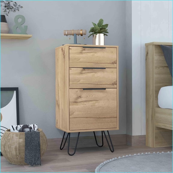 Dressers: Augusta Modern 3-Drawer Dresser with Hairpin Legs, Spacious Top | Beige | Particle Board