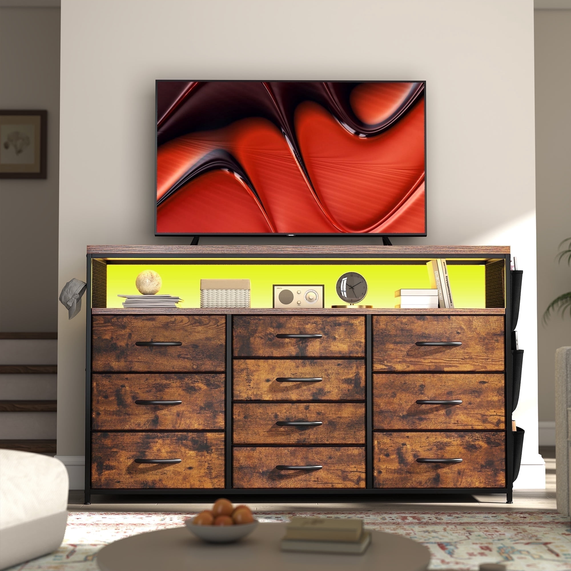 Dressers for Bedroom with 10 Drawers for 55" TV Stand with Power Outlets & LED Lights & Entertainment Center,Chest of Drawers with Shelves & Side Pockets Sturdy Metal Frame & Wood Top,Rustic Brown