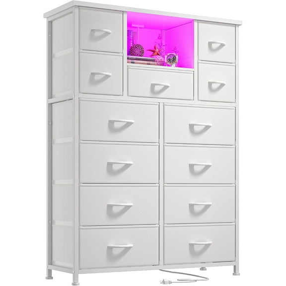Dressers for Bedroom with 13 Drawers, Sturdy White Dresser with LED and 4 Charging Ports and Open Shelves, 47''H Fabric Dressers for Entryway, Hallway, Metal Frame & Wooden Top