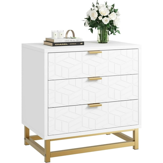 Dressers for Bedroom 3 Drawer, Chest of Drawers with Metal Base, Modern Dresser Chest Cabinet Organizer, Large Dresser for Living Room, Hallway, Closet(White)