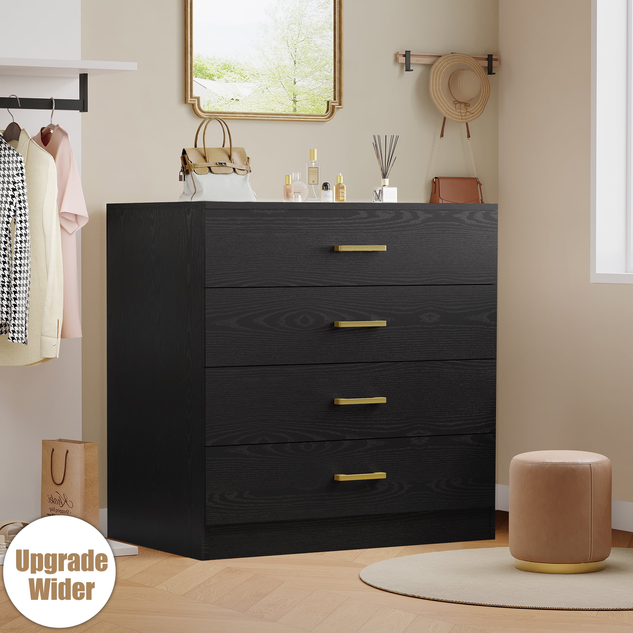 black small dresser for bedroom Black 3 Drawer Dresser with Power Outlet and LED Light, Small Wooden Chest  for Bedroom