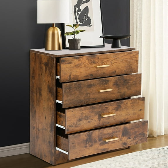 Dressers for Bedroom, Heavy Duty 4-Drawer Wood Chest of Drawers, Storage Bedroom Chest for Kids Room, Rustic Brown Vertical Storage Cabinet for Bathroom, Closet, Entryway, Hallway, Nursery, LLL3978