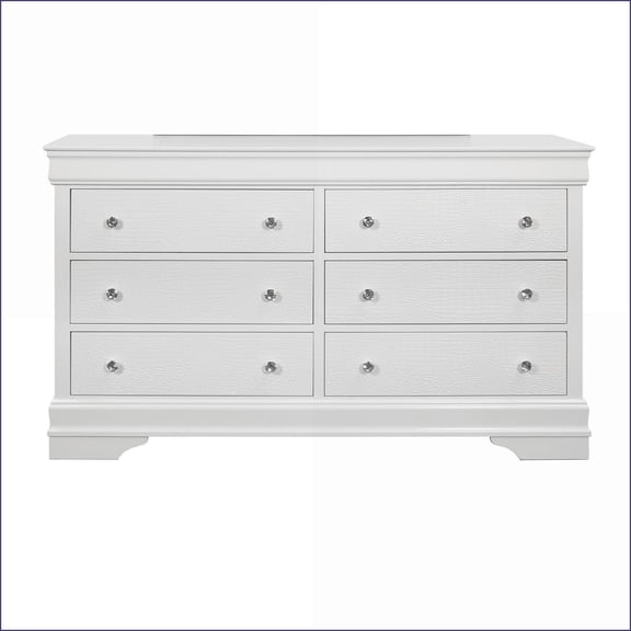 Dressers | Contemporary White Shaker Dresser with Crystal Hardware & Textured Drawers | Solid Wood+MDF | White