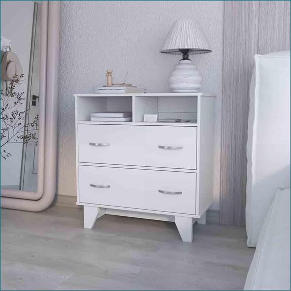 Dressers Double Drawer with Open Shelves Bedroom Dresser | White | Particle Board