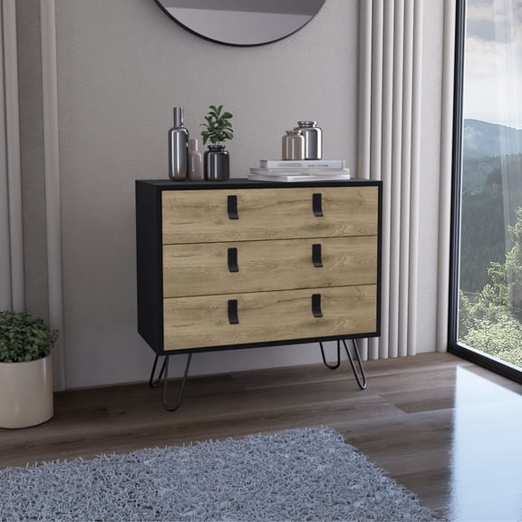 Dressers Dresser 29" H, 3-Drawer organiser, Modern Chest of Drawers with Hairpin Legs and Metal Accents, Black / Macadamia,Chests Of Drawers