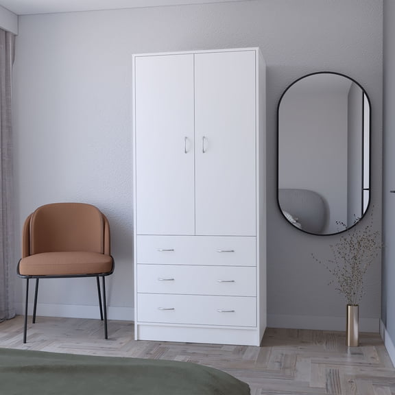 Dressers FM FURNITURE Prescott Armoire, with 2 doors, 3 drawers and 1 hanging rod, White,Chests Of Drawers