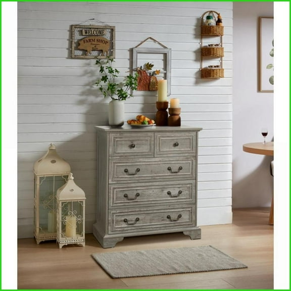 Dressers, Farmhouse 5 Drawer Antique White Multi-Room Storage Chest | Engineered Wood | Ancient Oak