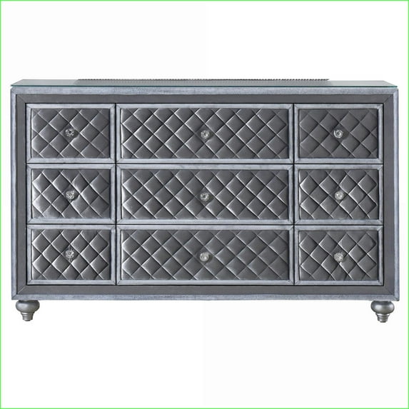 Dressers | Glam 9-Drawer with Velvet Tufted Fronts, Faux Crystal Knobs | Tempered Glass Top | Gray Wood