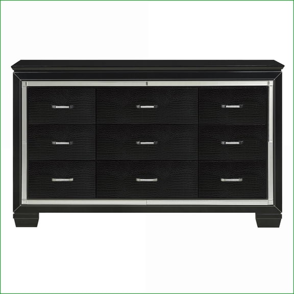 Dressers, Glamorous Black Wood Dresser with 9 Drawers & Faux-Alligator Fronts | Black | Wood