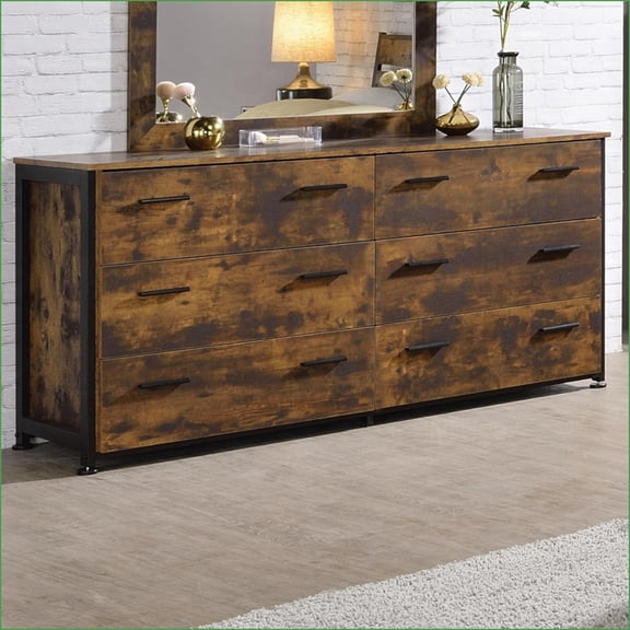 Dressers, Industrial 6-Drawer Double Dresser with Rustic Oak & Black Finish | Rustic | Wood+Metal