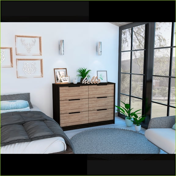 Dressers, Kaia Modern 4-Drawer Dresser with 2 Cabinets | 42.1 Wide | Black/Pine | Multicolor | Particle Board