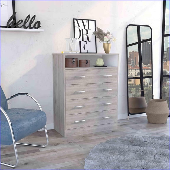 Dressers, Light Gray/White Engineered Wood Dresser - 4 Drawers, 1 Open Shelf | 33.07''W x 16.73''D