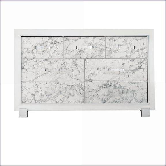 Dressers, Marble-Style White Dresser with Spacious Drawers | White | Solid Wood+MDF
