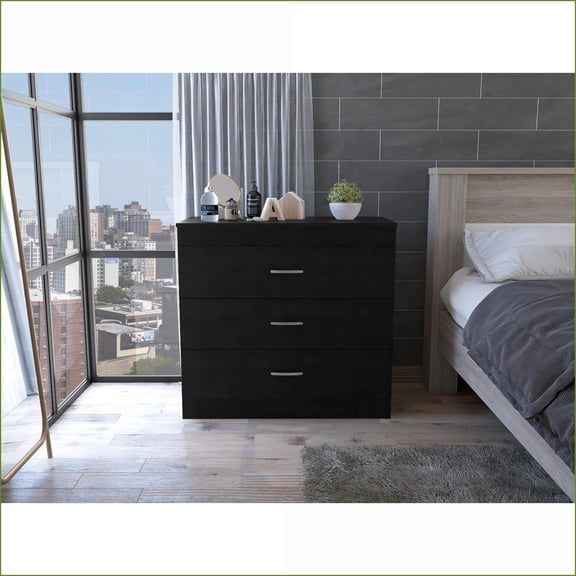 Dressers | Melia 3-Drawer Modern Dresser with Metal Hardware | Black | Particle Board