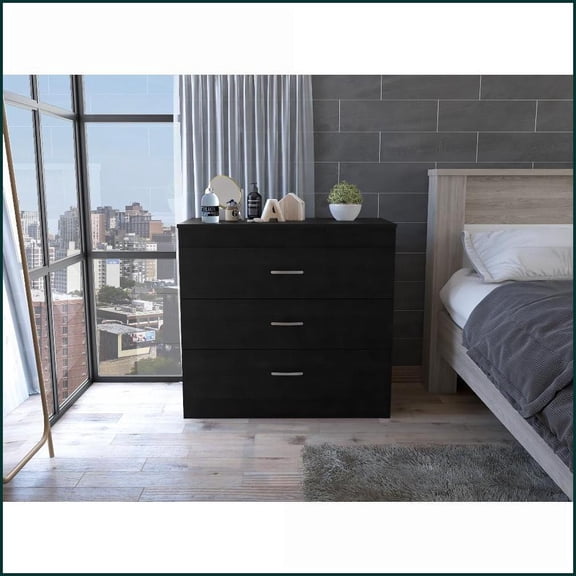 Dressers | Melia 3-Drawer Modern Minimalist Dresser with Metal Hardware | Black | Particle Board
