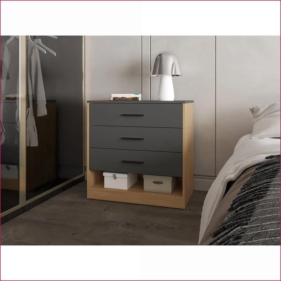 Dressers, Modern 3-Drawer Open Shelf, Natural Oak & Matt Grey | Natural+Grey | Particle Board