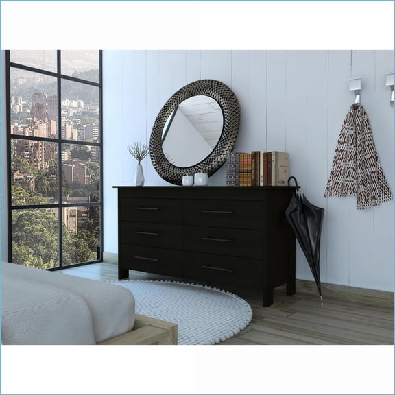 Dressers | Modern 6-Drawer Double Dresser with Metal Gliders | Black | Particle Board