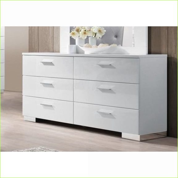 Dressers, Modern 6-Drawer High-Gloss White Dresser with Chrome Legs | White | Synthetic Wood