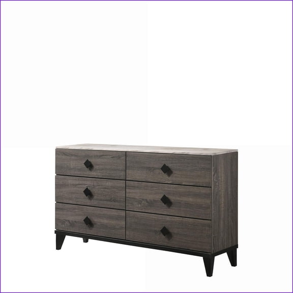 Dressers, Modern 6-Drawer Rustic Gray Oak with Faux Marble Top | Gray | Faux Marble