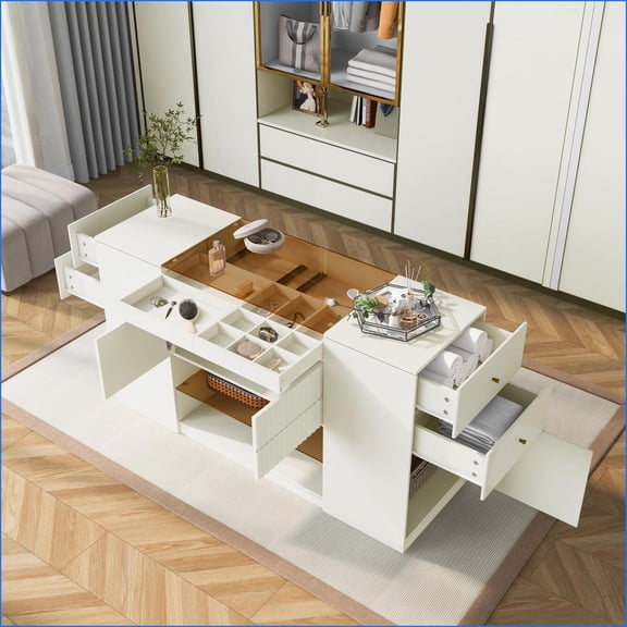 Dressers, Modern Cream White Island Dresser with 6 Drawers, Glass Tabletop & Storage | Cream White | MDF+Glass