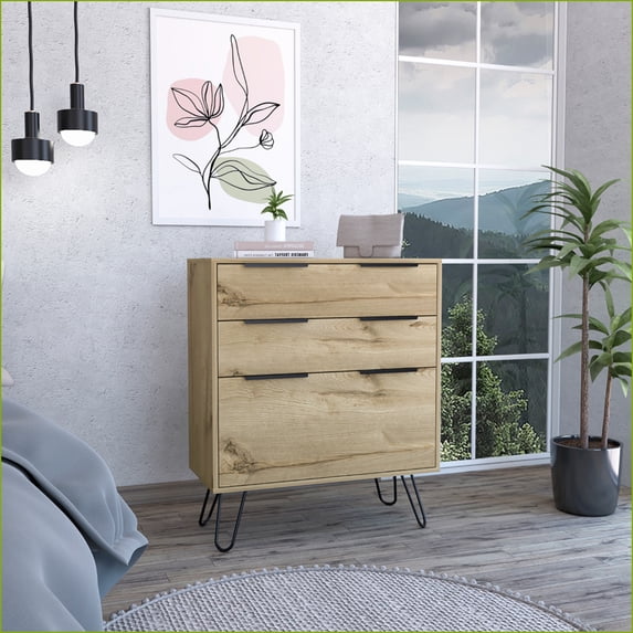 Dressers, Modern Light Oak 35"H 3-Drawer with Superior Top, Hairpin Legs | Beige | Particle Board